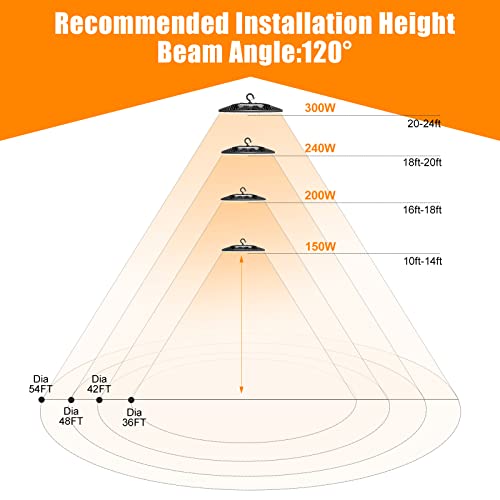 NUOGUAN UFO LED High Bay Light 300W 42,000lm(1500W HID/HPS Equiv) 5000K Up and Down Lighting with US Plug 6'Cable AC120V IP65 Commercial Warehouse Lighting Fixture for Workshop, Garage, Factory