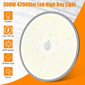 NUOGUAN UFO LED High Bay Light 300W 42,000lm(1500W HID/HPS Equiv) 5000K Up and Down Lighting with US Plug 6'Cable AC120V IP65 Commercial Warehouse Lighting Fixture for Workshop, Garage, Factory