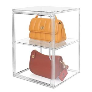 Cutora Clear Handbag Display Case for Closet, Large 2 Layers Plastic Acrylic Purse Storage Organizers, Anti Dust Luxury Stackable Bag Container Box with Magnetic Door for Clutch Cosmetics Makeup