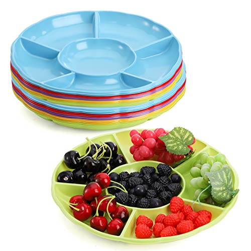 Frcctre 20 Pack 6 Sectional Round Plastic Appetizer Serving Platter, 12 Inch Disposable Divided Snack Serving Platter Food Tray Nut and Candy Serving Platter Veggie Fruit Dish Platter