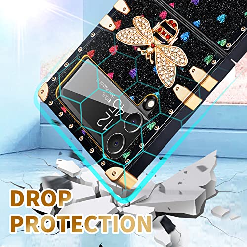 Loheckle for Samsung Galaxy Z Flip 4 Case for Women, Designer Square Cases for Galaxy Z Flip 4 Phone Case with Ring Stand Holder and Lanyard, Stylish Bee Luxury Cover for Samsung Flip 4 6.7''