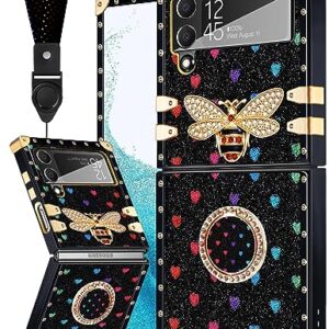 Loheckle for Samsung Galaxy Z Flip 4 Case for Women, Designer Square Cases for Galaxy Z Flip 4 Phone Case with Ring Stand Holder and Lanyard, Stylish Bee Luxury Cover for Samsung Flip 4 6.7''