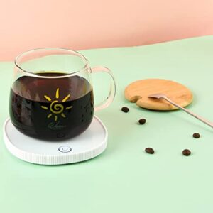 coffee mug warmer set, electric usb mug cup warmer with flat bottom mug/bamboo lid/spoon for desk office home use - white(with mug)