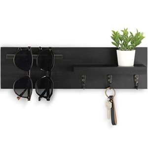 lucundm key holder for wall, decorative entryway shelf with hooks holds keys, dog leash, sunglasses – key hanger with 3 hooks organizes, enhances home decor (15” x 4.5” x 2.6”) (black)