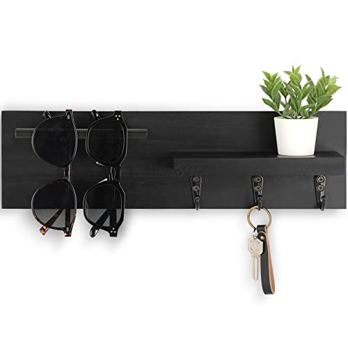 Lucundm Key Holder for Wall, Decorative Entryway Shelf with Hooks Holds Keys, Dog Leash, Sunglasses – Key Hanger with 3 Hooks Organizes, Enhances Home Decor (15” x 4.5” x 2.6”) (Black)