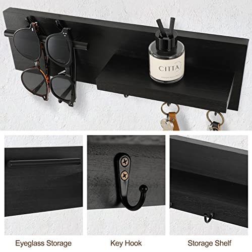 Lucundm Key Holder for Wall, Decorative Entryway Shelf with Hooks Holds Keys, Dog Leash, Sunglasses – Key Hanger with 3 Hooks Organizes, Enhances Home Decor (15” x 4.5” x 2.6”) (Black)