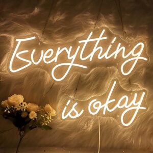 everything is okay neon sign for girls room wall decor, adjustable personalized neon signs for club bar cafe office lounge decoration, gift, 39” x 9”, warm white