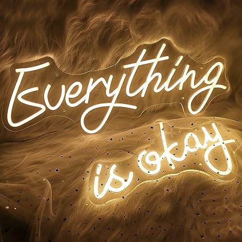 Everything is Okay Neon Sign for Girls Room Wall Decor, Adjustable Personalized Neon Signs for Club Bar Cafe Office Lounge Decoration, Gift, 39” x 9”, Warm White