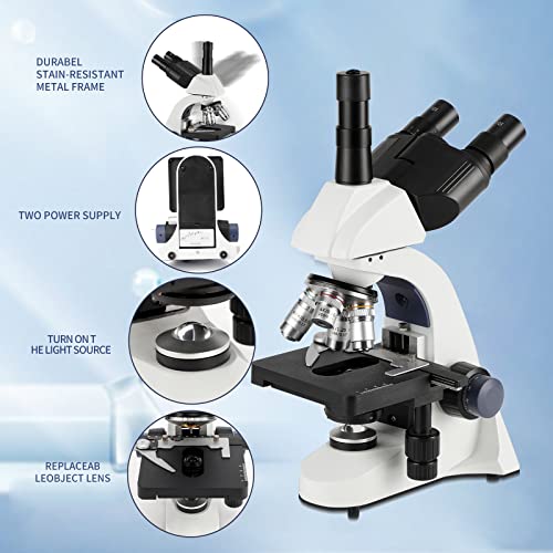 Professional Laboratory Research 40X-5000X Compound Trinocular Microscope for Adults Students with Storage Bag, Metal Eyepiece, Slides