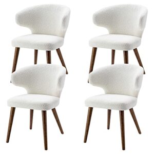 rivova upholstered accent arm chairs set of 4, faux sherpa mid century modern dining chairs for kitchen dining room side chairs with wood legs, white