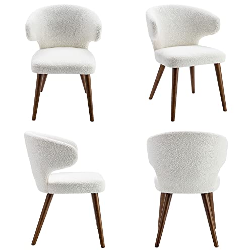 RIVOVA Upholstered Accent Arm Chairs Set of 4, Faux Sherpa Mid Century Modern Dining Chairs for Kitchen Dining Room Side Chairs with Wood Legs, White