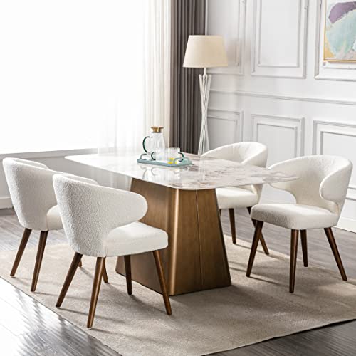 RIVOVA Upholstered Accent Arm Chairs Set of 4, Faux Sherpa Mid Century Modern Dining Chairs for Kitchen Dining Room Side Chairs with Wood Legs, White