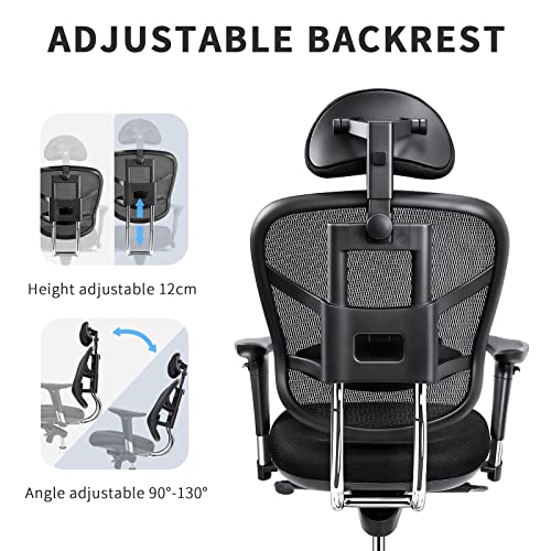 WAFTING Office Chair, Large and Tall Desk Chair, Adjustable Backrest Computer Chair with Thick Seat Cushion, 3D Adjustable Headrest, Lumbar Support and Armrest，Home Office Ergonomic Chair Black