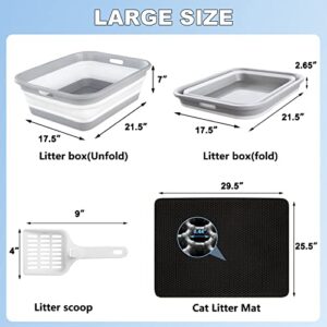 KAQUMAO Low Profile Senior Cat Litter Box Kit, Low Entry Cat Litter Box for Arthritic Cat, Handicap Disabled Cats, Sick Frail Cats, Older Feeble Cats,with Cat Litter Mat (Soft Grey)