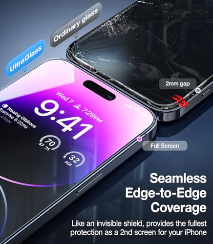 UltraGlass UNBREAK TOP 9H+ Glass for iPhone 14 Pro Max Screen Protector [Military SGS Shatterproof & Longest Durable] Screen Protector 14 Pro Max Tempered Glass, Anti-fingerprint, 2 Packs