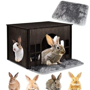 rabbit house wooden, rabbit houses and hideouts whearted, large rabbit hideout bunny house with multiple windows for indoor adult bunnies guinea pigs chinchilla habitat - walnut color