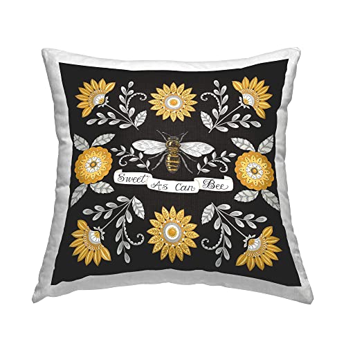 Stupell Industries Sweet As Can Bee Vintage Boho Floral Pattern Design by Deb Strain Throw Pillow, 18 x 18, Black