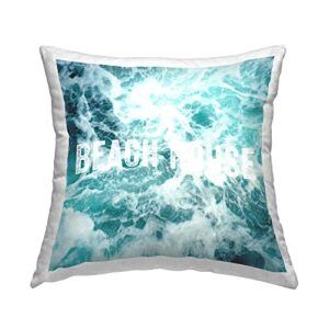 stupell industries blue beach house ocean foam typography design by amy brinkman throw pillow, 18 x 18