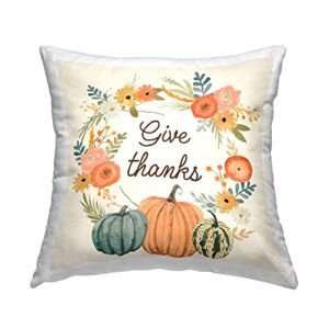 stupell industries give thanks orange pumpkin flower wreath sentiment design by victoria barnes throw pillow, 18 x 18