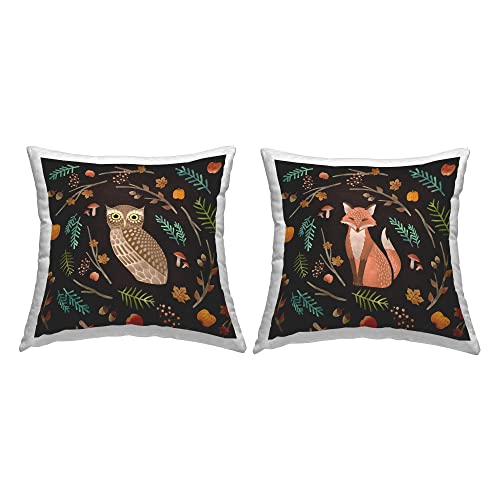 Stupell Industries Cozy Autumn Botanicals Owl & Fox Woodland Creatures Design by Ziwei Li Throw (Set of 2) Pillow, 18 x 18, Multi-Color