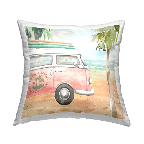 Stupell Industries Pink Bus Van Tropical Vacation Beach Scene Design by Dina June Throw Pillow, 18 x 18, Multi-Color