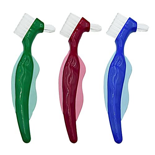 Bvcewilty Premium Hard Denture Brush, 3PCS Cleaning Brush, Multi-Layered Bristles & Portable Denture Double Sided Brush, Denture Cleaning Care (Red,Green,Blue)