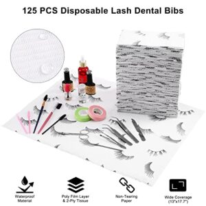 PRASNE Lashing Dental Bibs Disposable Pack of 125, Lash Pillow Cover of Lash Supplies, White 3-Ply Paper Poly Waterproof Towels, 13” x 18”, Black Eyelash Printed