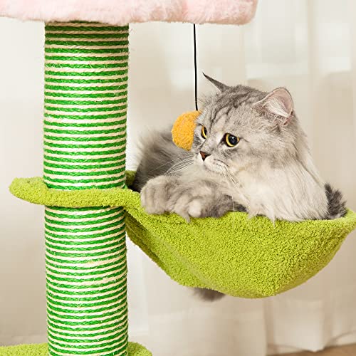 PET WONDERLAND Cute Cat Tree 29 Inches Pink Flower Cat Tower with Scratching Post for Small Cats,Green Cat Hammock Bed,Plush Perch,Cozy Platforms,Unique cat Scratcher,Cat Furniture for Indoor Cats