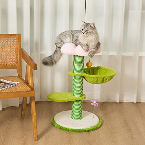 PET WONDERLAND Cute Cat Tree 29 Inches Pink Flower Cat Tower with Scratching Post for Small Cats,Green Cat Hammock Bed,Plush Perch,Cozy Platforms,Unique cat Scratcher,Cat Furniture for Indoor Cats