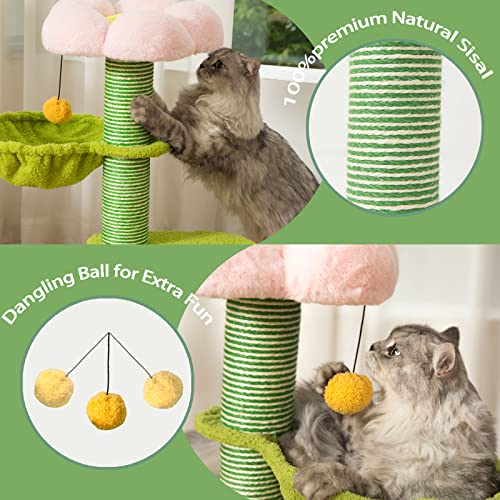 PET WONDERLAND Cute Cat Tree 29 Inches Pink Flower Cat Tower with Scratching Post for Small Cats,Green Cat Hammock Bed,Plush Perch,Cozy Platforms,Unique cat Scratcher,Cat Furniture for Indoor Cats