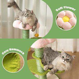 PET WONDERLAND Cute Cat Tree 29 Inches Pink Flower Cat Tower with Scratching Post for Small Cats,Green Cat Hammock Bed,Plush Perch,Cozy Platforms,Unique cat Scratcher,Cat Furniture for Indoor Cats