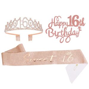 dasigjid 16th birthday tiara & sash for girls, rose gold happy birthday queen princess tiara with combs for girls, queen crystal headbands for hair accessories,16th birthday decorations for girls prom