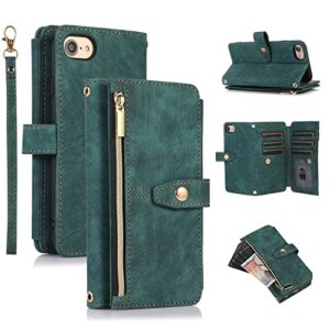 UEEBAI Crossbody Wallet Case for iPhone 7 Plus/iPhone 8 Plus, 9 Card Slots Adjustable Crossbody Zipper Cover Detachable Lanyard Strap Flip Case with Hand Strap Kickstand Case - Retro Green