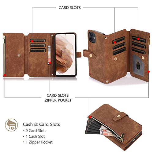 UEEBAI Crossbody Wallet Case for iPhone 11 6.1 inch, 9 Card Slots Adjustable Crossbody Zipper Cover Detachable Lanyard Strap Flip Case with Hand Strap Kickstand Case - Brown