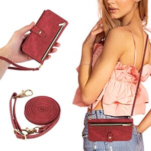 ueebai crossbody wallet case for iphone 13/iphone 14 6.1 inch, 9 card slots adjustable crossbody zipper cover detachable lanyard strap flip case with hand strap kickstand case - red wine