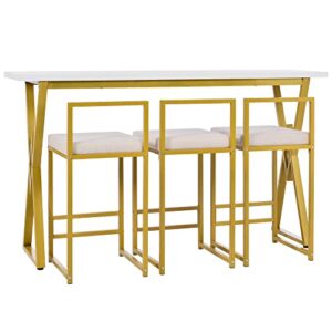 Harper & Bright Designs Modern 4-Piece Counter Height Dining Table Set, Extra Long Console Bar Kitchen and Dining Room Table Set with 3 Padded Stools for Small Places, Gold+White