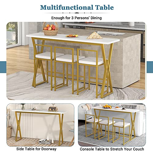 Harper & Bright Designs Modern 4-Piece Counter Height Dining Table Set, Extra Long Console Bar Kitchen and Dining Room Table Set with 3 Padded Stools for Small Places, Gold+White