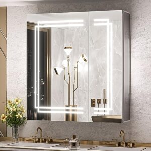 tokeshimi medicine cabinet 30x32 in bathroom led vanity mirror 3 colors stepless dimming cri 80+ anti-fog memory funtion wall mount make up mirror for bathroom décor