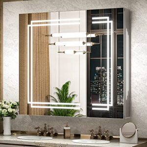 tokeshimi 36x32 in medicine cabinet bathroom led vanity mirror 3 colors stepless dimming cri 80+ anti-fog memory funtion wall mount make up mirror for bathroom décor