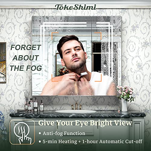 TokeShimi 36x32 in Medicine Cabinet Bathroom LED Vanity Mirror 3 Colors Stepless Dimming CRI 80+ Anti-Fog Memory Funtion Wall Mount Make up Mirror for Bathroom Décor