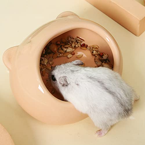 Cartoon Sculpted Ceramic Hamster House Food Feeding Bowl Water Bowl to Prevent Spilled Food and Chewing Tray Gerbils Chinchilla Ferret Hedgehog Small Animals (Orange)