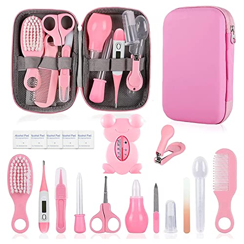 Baby Grooming Kit, Infant Safety Care Set with Hair Brush Comb Nail Clipper Nasal Aspirator Ear Cleaner,Baby Essentials Kit for Newborn Girls Boys (Pink Baby Grooming kit)