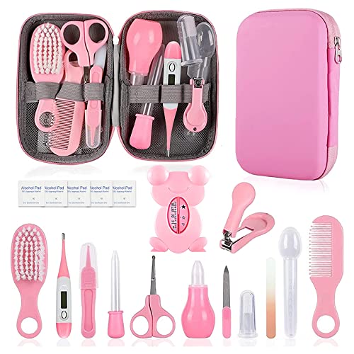 Baby Grooming Kit, Infant Safety Care Set with Hair Brush Comb Nail Clipper Nasal Aspirator Ear Cleaner,Baby Essentials Kit for Newborn Girls Boys (Pink Baby Grooming kit)