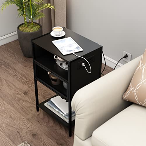 SOOWERY Nightstand with Charging Station, Bedside Tables with 3 Tiers Storage Space and Door, End Table with USB Ports and Outlets for Bedroom, Living Room, Black