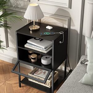 SOOWERY Nightstand with Charging Station, Bedside Tables with 3 Tiers Storage Space and Door, End Table with USB Ports and Outlets for Bedroom, Living Room, Black