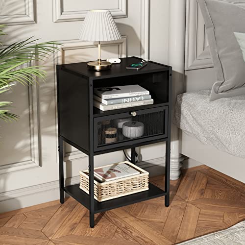 SOOWERY Nightstand with Charging Station, Bedside Tables with 3 Tiers Storage Space and Door, End Table with USB Ports and Outlets for Bedroom, Living Room, Black