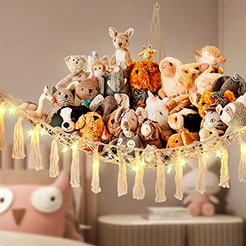 Stuffed Animal Net or Hammock Stuffed Animal Storage with Led Extra Large Stuffed Animal Net Boho Toy Hammock for Stuffed Animals Plush Cream Toy Storage Holder for Kids Bedroom (White)