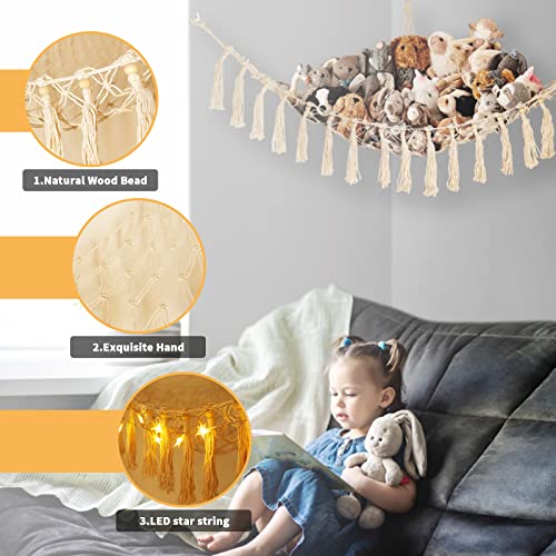 Stuffed Animal Net or Hammock Stuffed Animal Storage with Led Extra Large Stuffed Animal Net Boho Toy Hammock for Stuffed Animals Plush Cream Toy Storage Holder for Kids Bedroom (White)