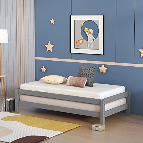 Merax 3 in 1 Classic Stackable Wood Platform Bed Low Day Bed Frame for Kids Boys Girls, No Box Spring Needed Twin Gray