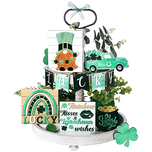 Glenmal 1 Set St. Patrick's Day Tiered Tray Decor Set Rustic Farmhouse Wood Sign Lucky Sign Shamrock Gnomes Wooden Tier Tray Decor Items for St. Patrick Irish Party